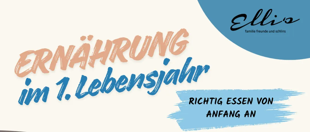 Plakat für einen Workshop über die richtige Ernährung im ersten Lebensjahr. Es zeigt ein Baby, das mit einem Löffel isst, und Datum und Uhrzeit für die Veranstaltung.