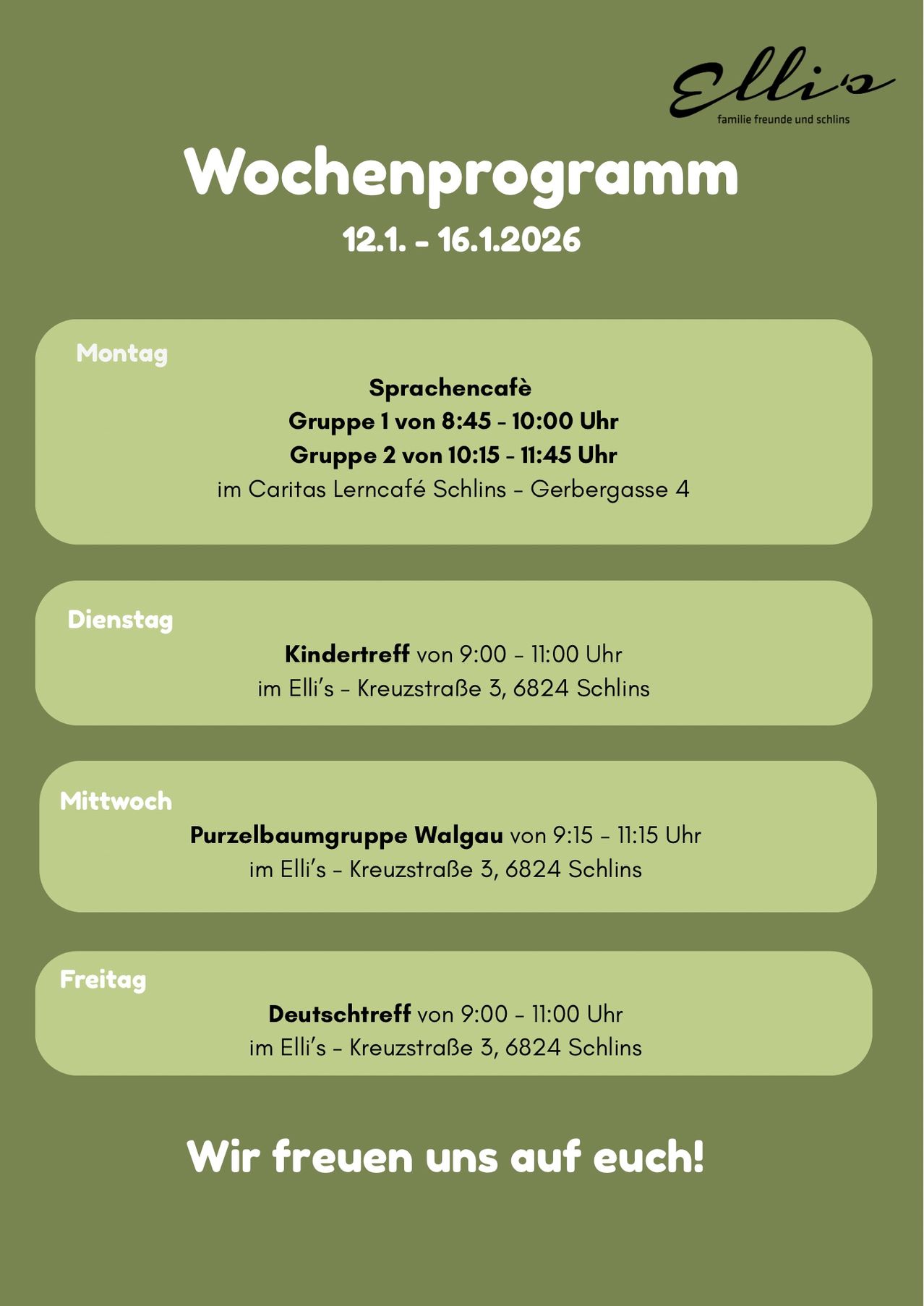 Green poster with event schedule from Dec 1, 2026 to Dec 16, 2026. Monday has two language cafe groups. Tuesday has a children's meeting. Wednesday has a jumping castle group. Friday has a German meeting. All events at Elli's on Kreuzstrasse 3, 6824 Schins.