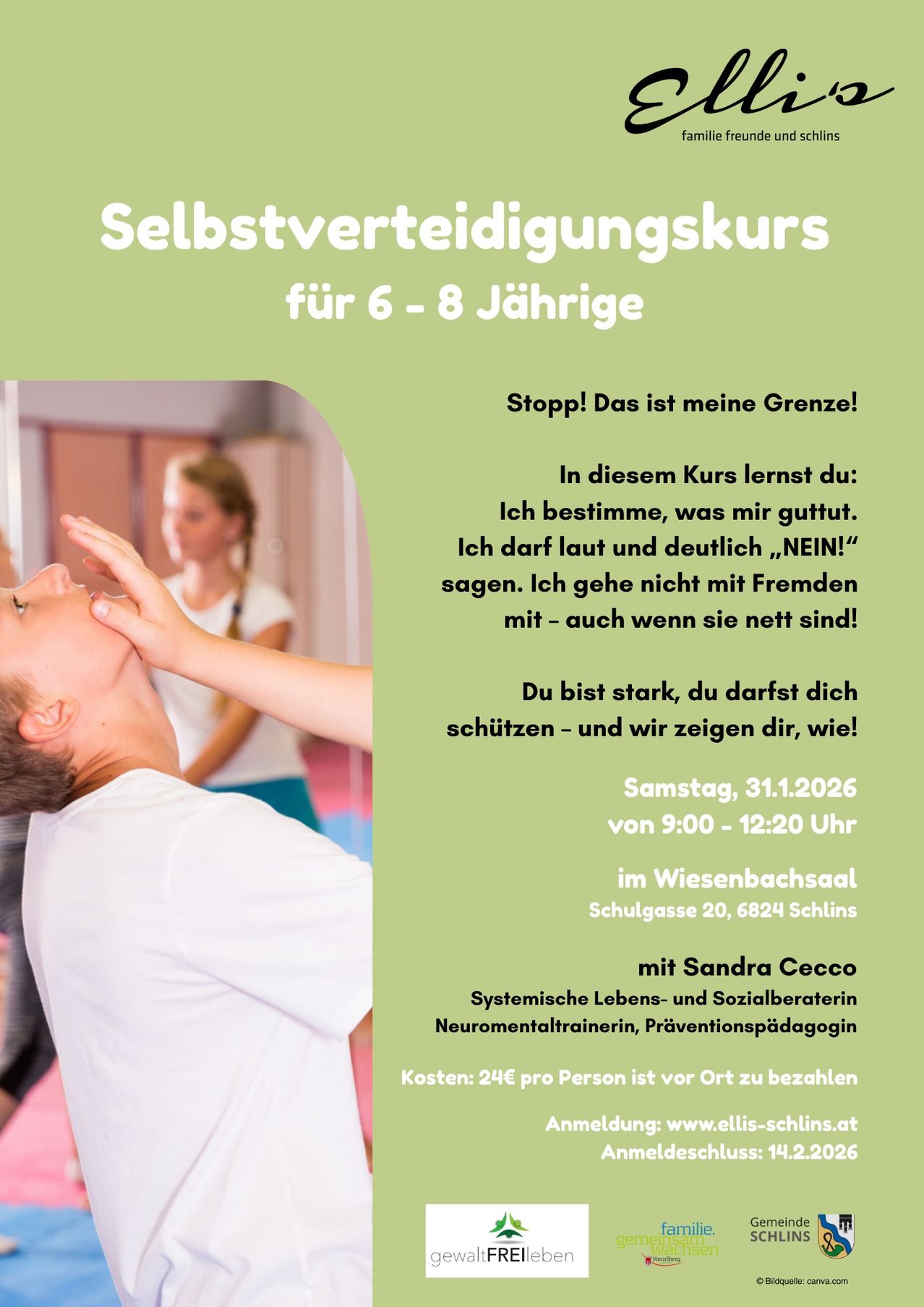 Plakat für einen Selbstverteidigungskurs für 6-8-Jährige. Es enthält Details zum Kurs, zur Kursleiterin und zur Gebühr.