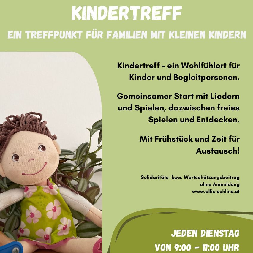 Poster advertising Kindertreff, a meeting place for families with young children, featuring a smiling doll. Sessions start with songs and games, followed by free play and discovery. Breakfast and exchange time included. Tuesdays from 9:00-11:00.