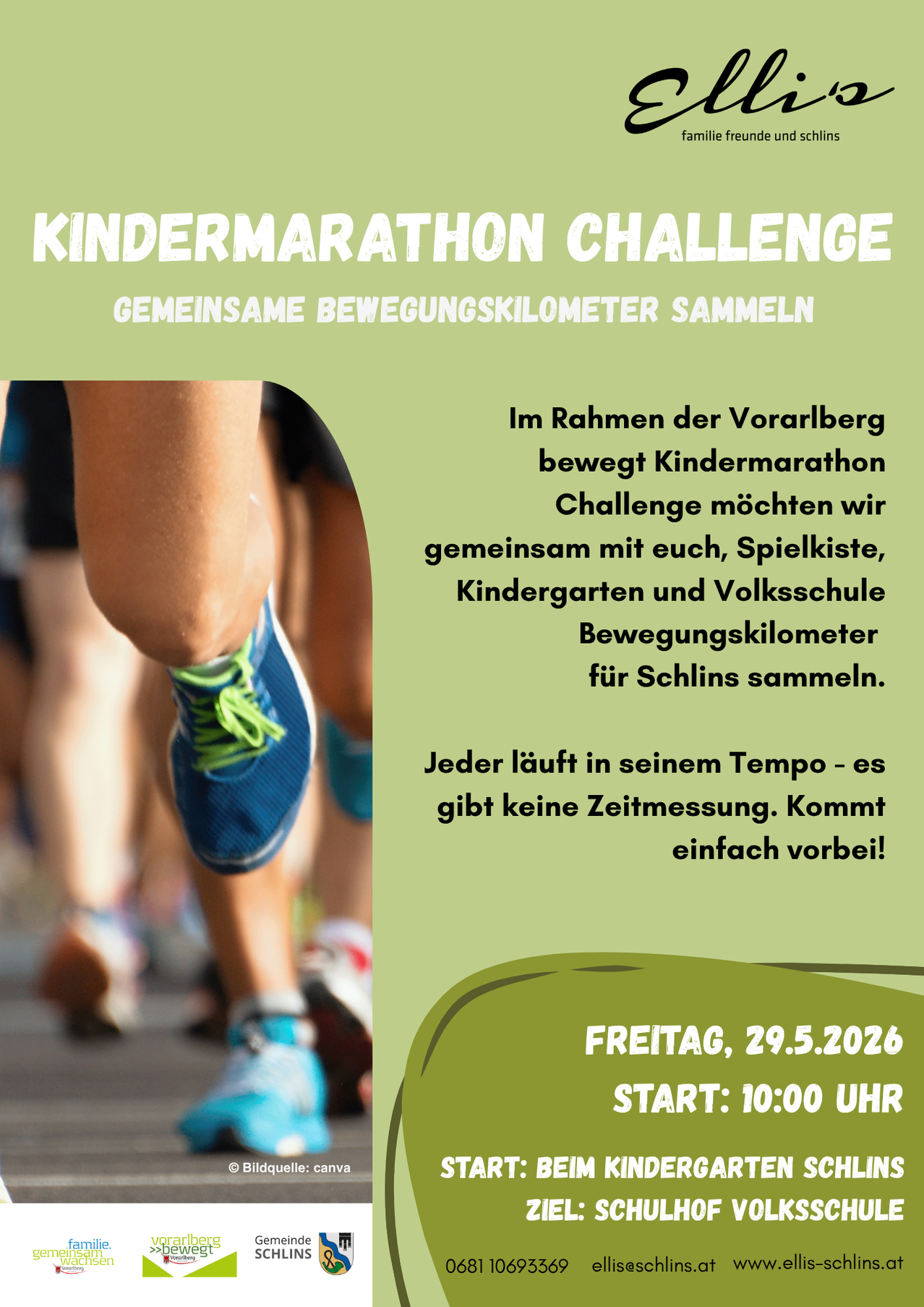 Im Rahmen des Vorarlberger Kindermarathon-Challenges laden wir Sie ein, sich mit Spielgruppen, Kindergärten und Volksschulen zusammenzuschließen, um Bewegungskilometer zu sammeln. Jeder läuft in seinem Tempo - es gibt keine Zeitmessung. Einfach vorbeikommen!