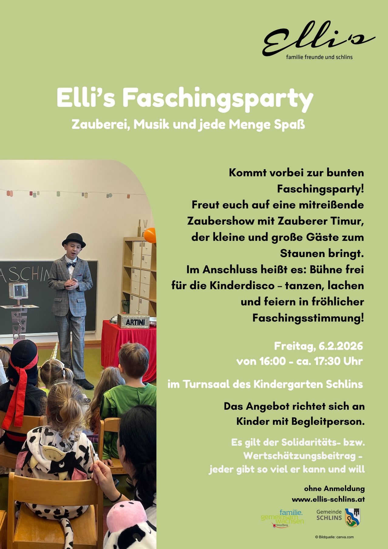 Ein Plakat bewirbt Elli's Faschingsparty. Es zeigt einen Zauberer, der vor einem Klassenzimmer mit Kindern auf Stühlen auftritt. Das Plakat enthält Details zur Veranstaltung, einschließlich Datum, Uhrzeit und Ort. Die Veranstaltung verspricht eine Zaubershow, Musik und Spaß für alle Altersgruppen.