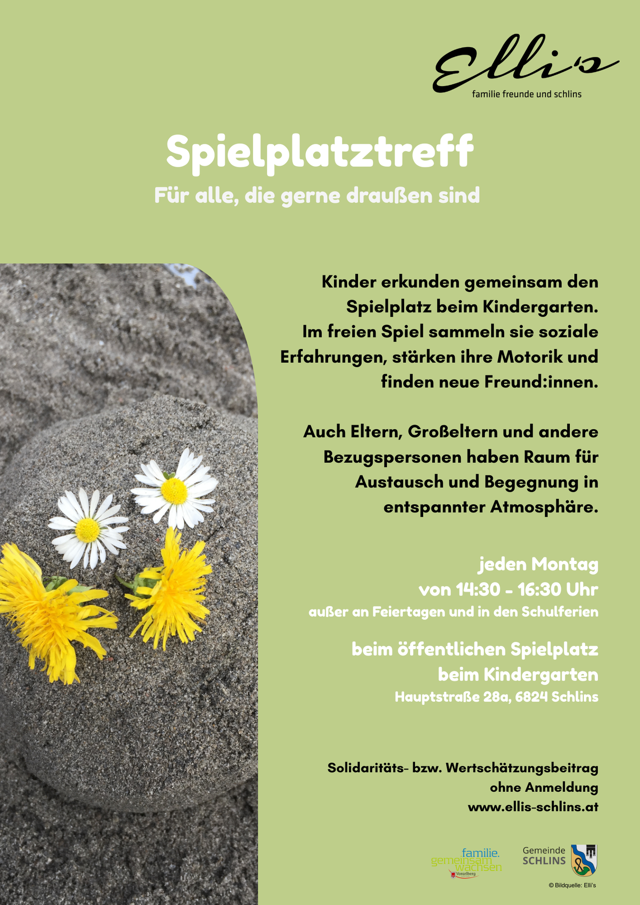 Poster for a playground event for children and their caregivers at a kindergarten. The event offers a space for socializing, motor skill development, and making new friends.