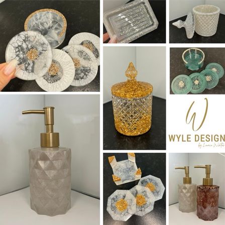 Eine Collage verschiedener dekorativer Gegenstände, darunter Seifenspender, Kerzenhalter und Untersetzer, alle mit dem Markennamen 'WYLE DESIGN'.