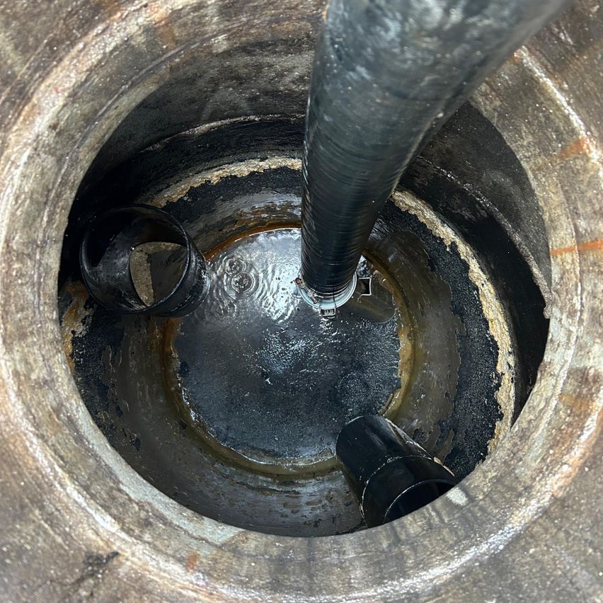Ein Wassertank mit einem großen schwarzen Rohr in der Mitte, gefüllt mit trübem Wasser und einigen schwarzen Objekten.