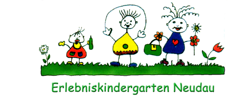 Illustration von vier Kindern in bunten Kostümen, die auf Gras mit Blumen stehen, mit dem Wort 'KiGaNeU' darüber. Unten steht 'Erlebniskindergarten Neudau.'