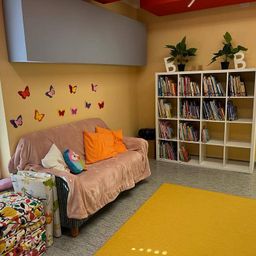 Ein gemütliches Zimmer mit einer rosa Couch, einem gelben Teppich und Bücherregalen voller Bücher. Schmetterlinge zieren die Wand und es gibt Topfpflanzen oben.