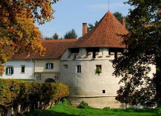 Ein altes weißes Schloss mit einem braunen Dach und Schornsteinen, umgeben von grünem Gras und Bäumen.