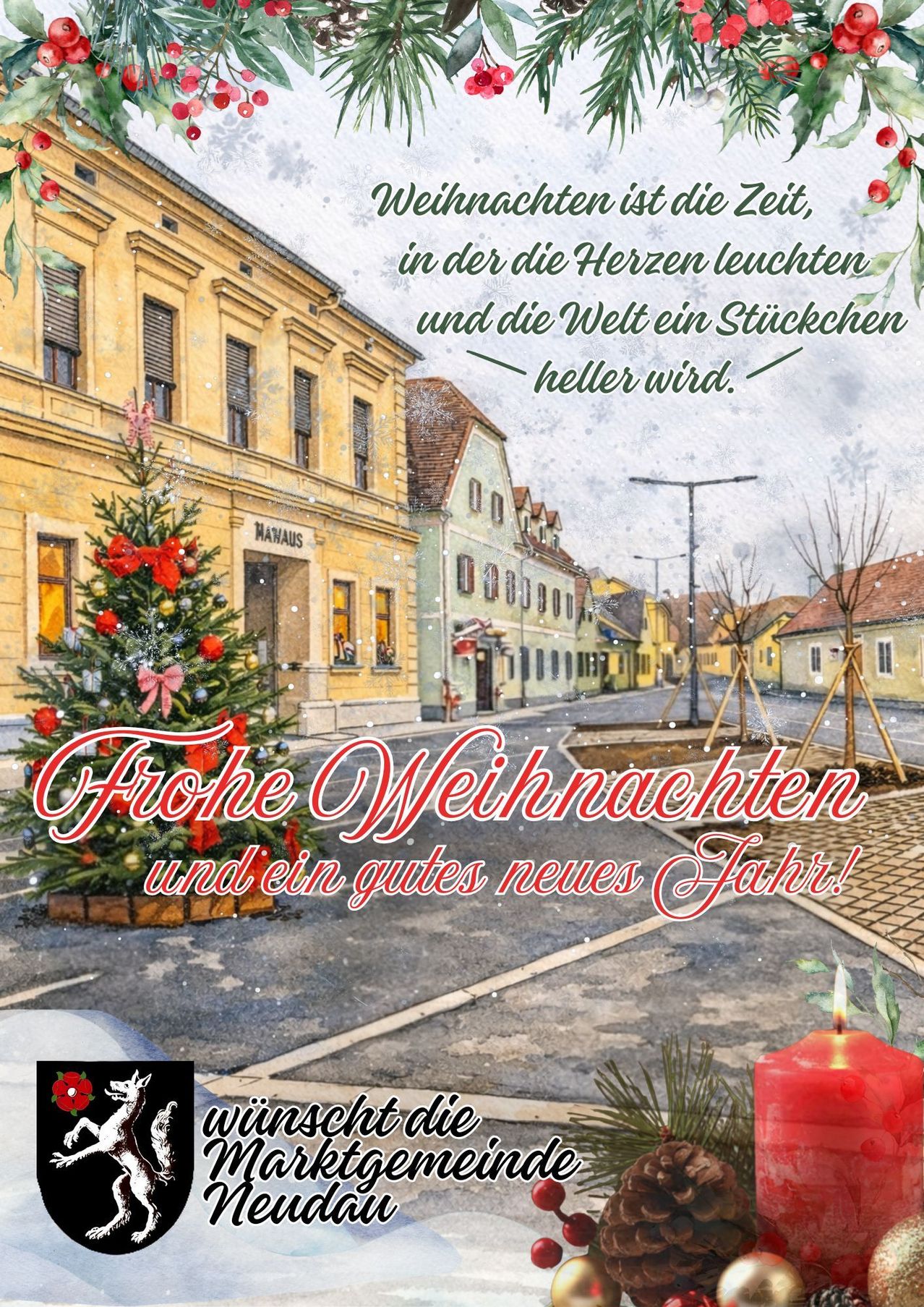 Eine verschneite Straßenszene mit einem Weihnachtsbaum und einem Zitat, 'Frohes Weihnachtsfest und ein gutes neues Jahr!' Eine Kerze leuchtet warm.