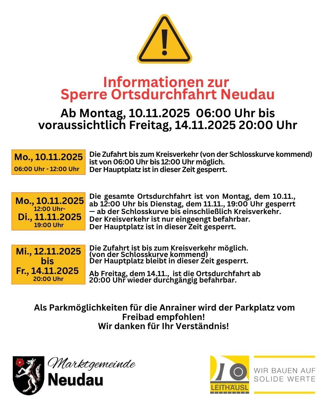 Ankündigung bezüglich der örtlichen Busverkehrsblockade in Neudau. Von Montag, 10.11.2025, 06:00 Uhr bis Freitag, 14.11.2025, 20:00 Uhr. Parkplätze für Teilnehmer empfohlen bei Freibad. Danke für Ihr Verständnis.
