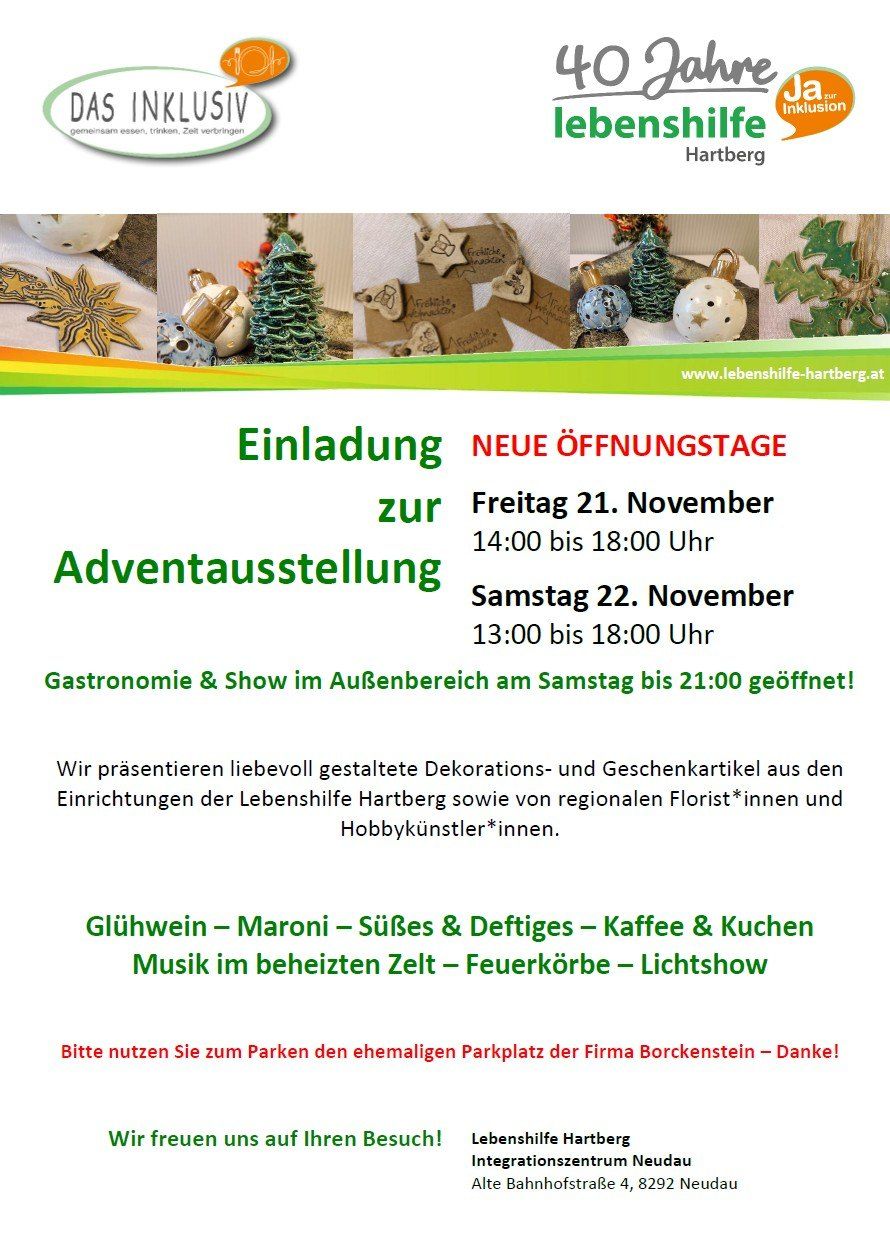 Einladung zur neuen Eröffnungsphase eines Weihnachtsmarktes am Freitag, 21. November von 14:00 bis 18:00 Uhr und am Samstag, 22. November von 13:00 bis 18:00 Uhr. Aktivitäten umfassen Gastronomie und Shows im Außenbereich bis 21:00 Uhr.