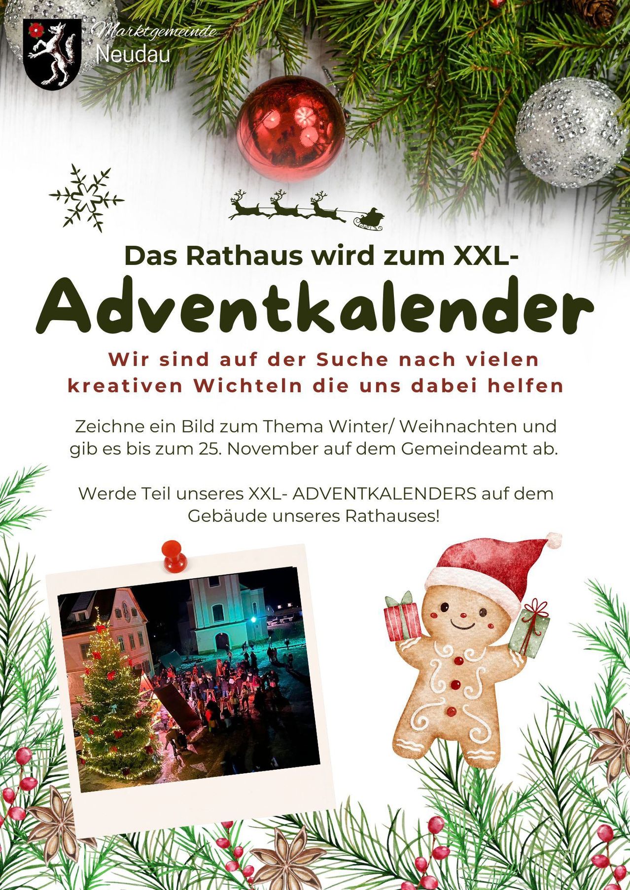 Das Rathaus verwandelt sich in einen XXL-Adventskalender. Zeichne ein Bild zum Thema Winter/Weihnachten und gib es bis zum 25. November im Rathaus ab. Werde Teil unseres XXL-ADVENTKALENDERS auf dem Gebäude unseres Rathauses!