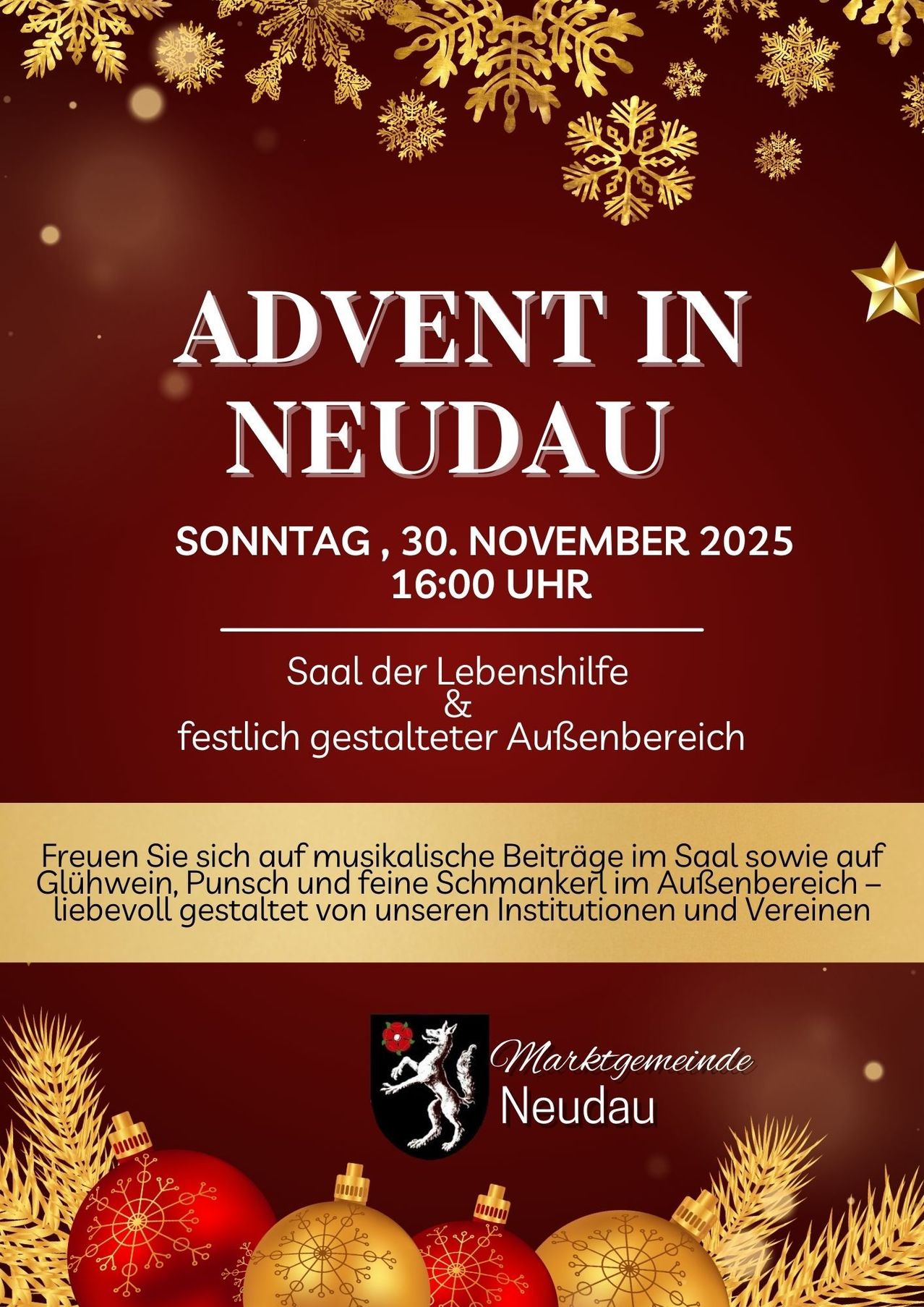 Ein Werbeplakat für 'Advent in Neudau' mit festlichem Design und goldenen Sternen. Es lädt ein zur Feier am Sonntag, 30. November 2025, um 16:00 Uhr im Lebenshilfesaal und Außenbereich. Es verspricht musikalische Beiträge, Glühwein, Punsch und Leckereien von lokalen Institutionen und Vereinen.