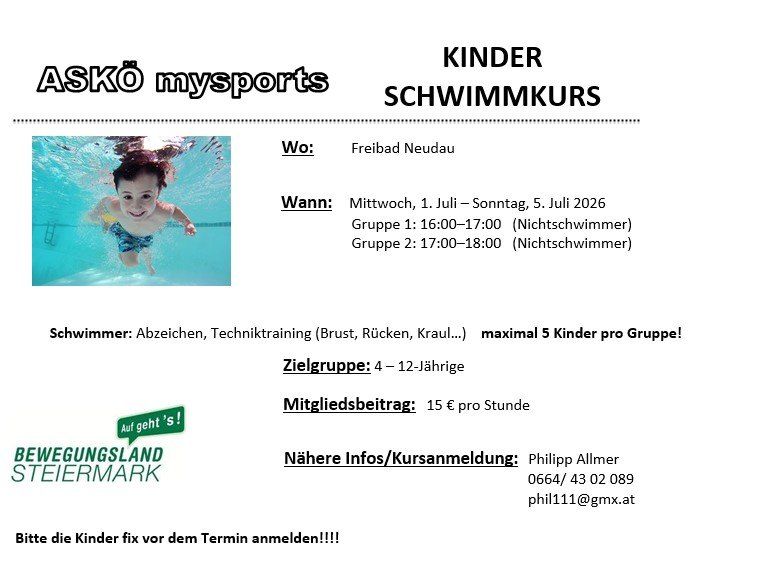 Schwimmkurs für Kinder im Alter von 4-12 Jahren im Freibad Neudau. Melden Sie sich vor dem Termin an. Kontaktieren Sie Philipp Allmer.