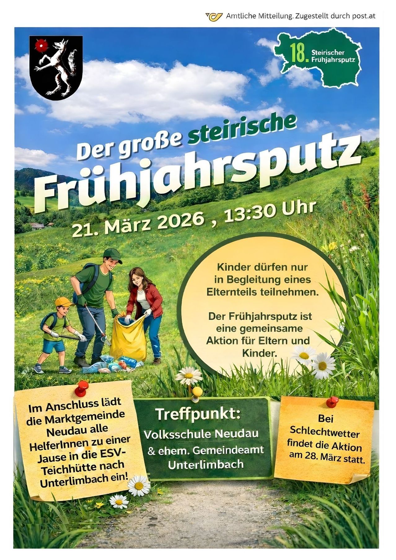 Werbeplakat für die 'Grosse Steirische Fruhjahrsputz' Veranstaltung am 21. März 2026. Es zeigt eine Familie, die Müll in einem Feld aufräumt. Der Text besagt, dass die Veranstaltung für Eltern und Kinder ist, wobei Kinder die Begleitung eines Elternteils benötigen. Der Treffpunkt ist an der Volksschule Neudau und Gemeindeamt Unterlimbach.