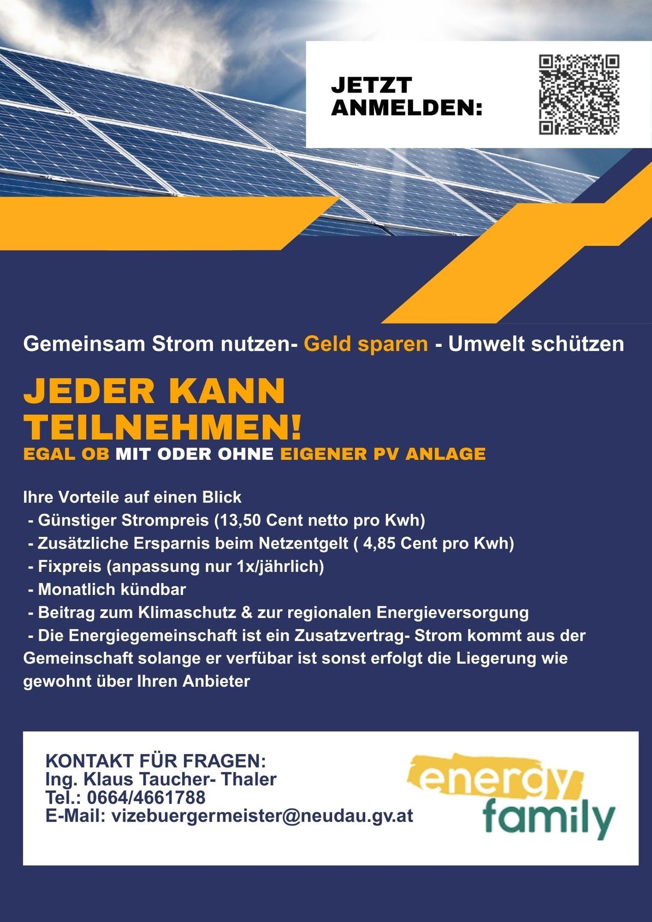 Werbung für eine Solarenergie-Genossenschaft mit Solarmodulen, Vorteile sind niedrigere Energiekosten, zusätzliche Einsparungen, Festpreis, monatlich kündbar, Klimaschutz und regionale Energieversorgung. Kontaktinformationen für Anfragen.