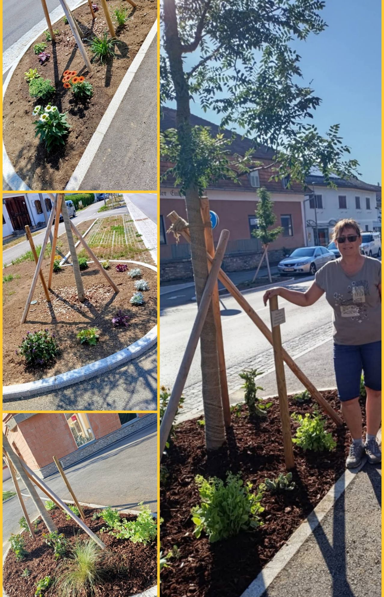 Eine Collage von Bildern, die einen Garten mit Blumen, eine Frau, die neben einem Baum mit einem Schild steht, und ein Gebäude mit geparkten Autos zeigt.