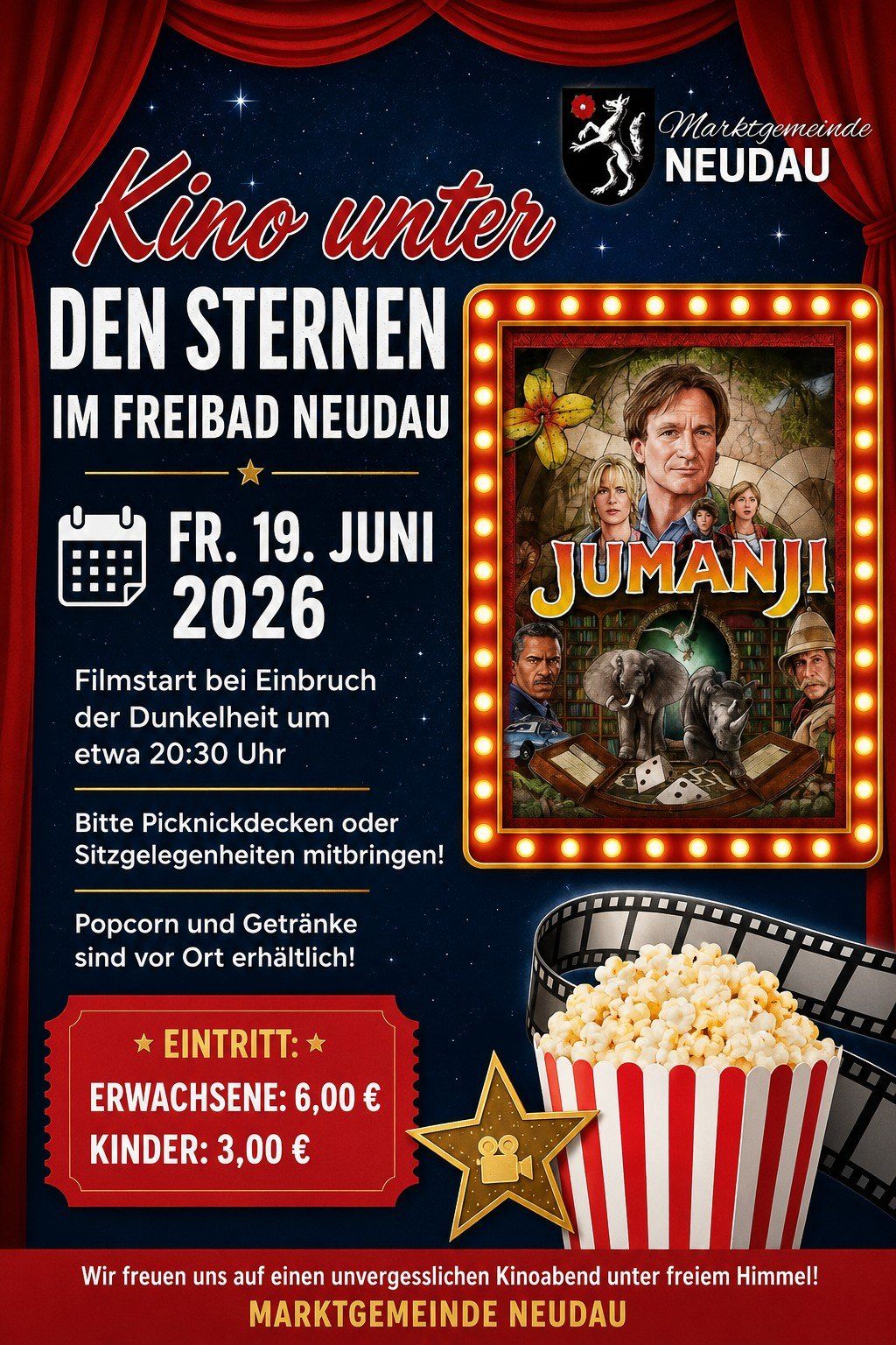 Kino unter den Sternen in Freibad Neudau. Filmstart bei Einbruch der Dunkelheit um etwa 20:30 Uhr. Bitte Picknickdecken oder Sitzgelegenheiten mitbringen! Popcorn und Getränke sind vor Ort erhältlich! Eintritt: 6,00 €