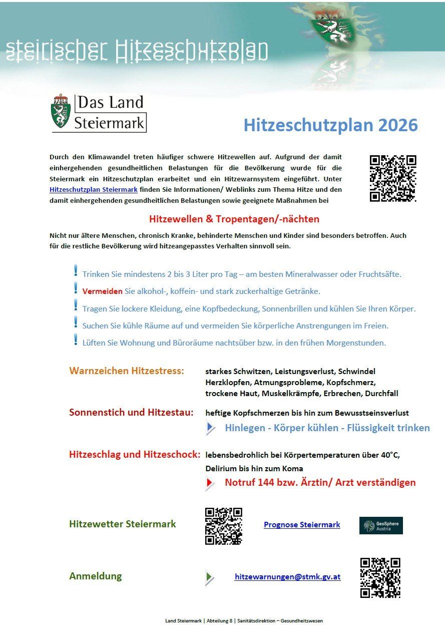 Das Land Steiermark stellt den Hitzeschutzplan 2026 vor. Er behandelt Gesundheitsrisiken durch steigende Temperaturen. Es bietet Links zu Ressourcen zu Hitze und gesundheitlichen Auswirkungen. Tipps umfassen das Trinken von 2-3 Litern täglich, das Vermeiden von Alkohol und starken zuckerhaltigen Getränken und ausreichende Flüssigkeitszufuhr.