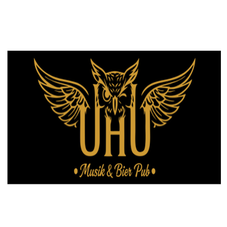 Auf einem schwarzen Hintergrund ist das UHU-Logo mit einer goldenen Eule und Flügeln abgebildet. Darunter steht 'Musik & Bier Pub' in Gold.