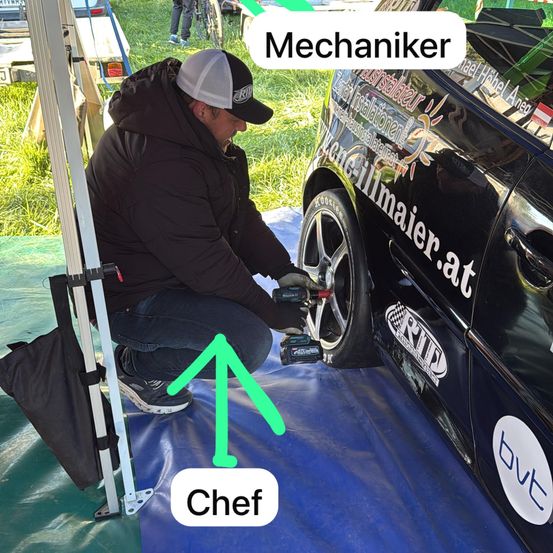 Ein Mann wechselt mit einer Bohrmaschine einen Autoreifen, der mit einem grünen Pfeil nach oben gekennzeichnet ist, mit dem Wort Chef darunter und Mechaniker über dem Auto.