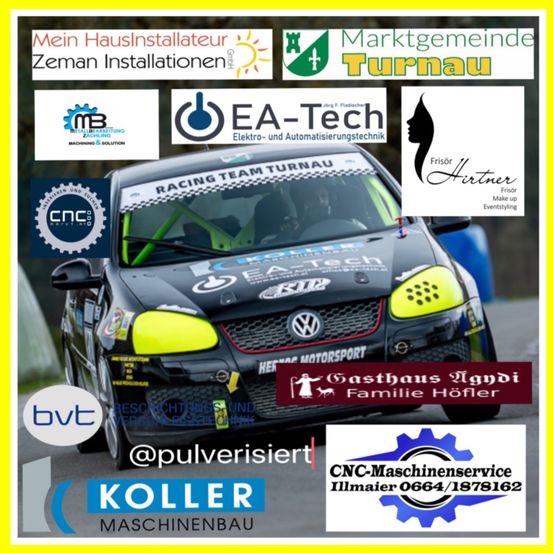 Eine Werbung für ein Rennauto mit mehreren Logos. Das Auto ist schwarz und gelb mit Sponsoren-Logos. Es enthält Logos von Unternehmen wie EA-Tech, CNC und anderen. Das Auto fährt mit einem unscharfen Hintergrund.
