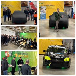 Eine Collage von Bildern mit Menschen um ein Auto, einem Mann, der in ein Mikrofon spricht, einer großen Versammlung und einem Volkswagen-Rennwagen.