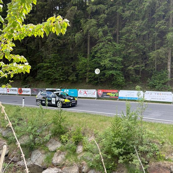 Ein Rallye-Auto mit der Nummer 124 fährt auf einer Bergstraße. Die Straße ist von grünen Bäumen und Gras umgeben. Es gibt mehrere Banner entlang der Straße.