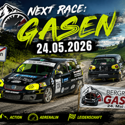 Plakat für das nächste Rennen in Gasen am 24. Mai 2026 mit zwei Rallyeautos auf einer unbefestigten Straße mit Bergen im Hintergrund.