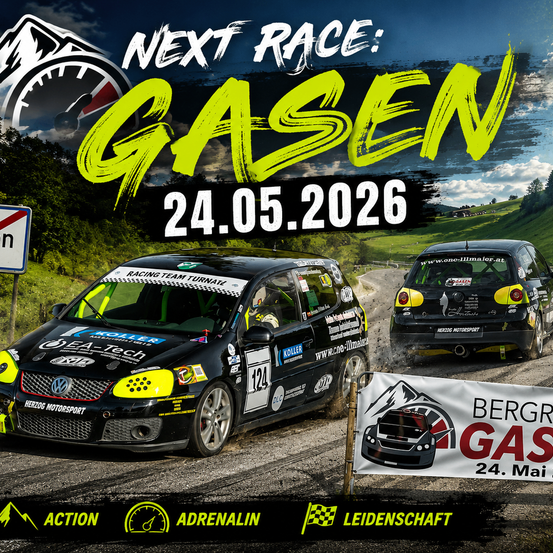 Plakat für das nächste Rennen in Gasen am 24. Mai 2026 mit zwei Rallyeautos auf einer unbefestigten Straße mit Bergen im Hintergrund.