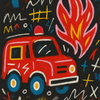 A vibrant, stylized illustration of a red fire truck with a flame motif on a black background.