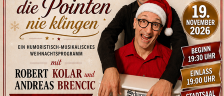 Poster for a Christmas program featuring Robert Kolar and Andreas Brencic, with a piano and festive decorations, set for November 19, 2026.