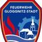 Ein blaues und rotes Emblem mit 'Feuerwehr Glognitz-Stadt' in Weiß geschrieben, darüber eine Darstellung einer Kirche, Gebäude und Flammen.