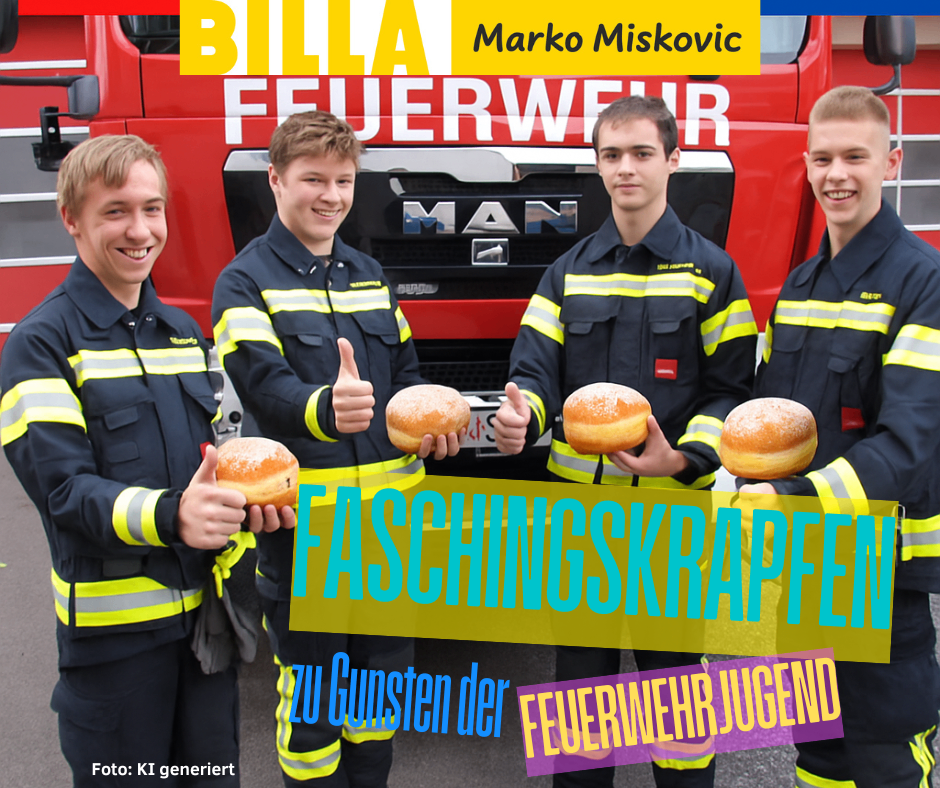 Vier Feuerwehrleute stehen vor einem roten MAN-LKW, lächelnd und Donuts haltend. Der Text lautet 'Faschingskrapfer zu Gunsten der Feuerwehrjugend'. Ein Wasserzeichen mit dem Text 'Foto: KI generiert' befindet sich in der unteren linken Ecke.
