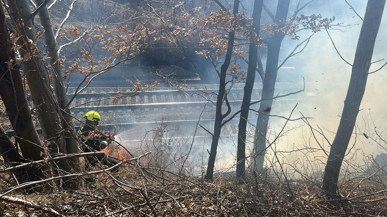 A firefighter in a yellow helmet uses a hose to extinguish a fire near a train track. The area is filled with smoke and bare trees.