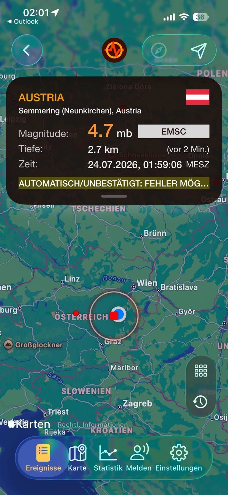 Eine Karte zeigt ein seismisches Ereignis mit einer Magnitude von 4,7 mb, Tiefe 2,7 km und Zeit 24.07.2026, 01:59:06 MESZ. Der Ort ist mit einem roten Kreis markiert.