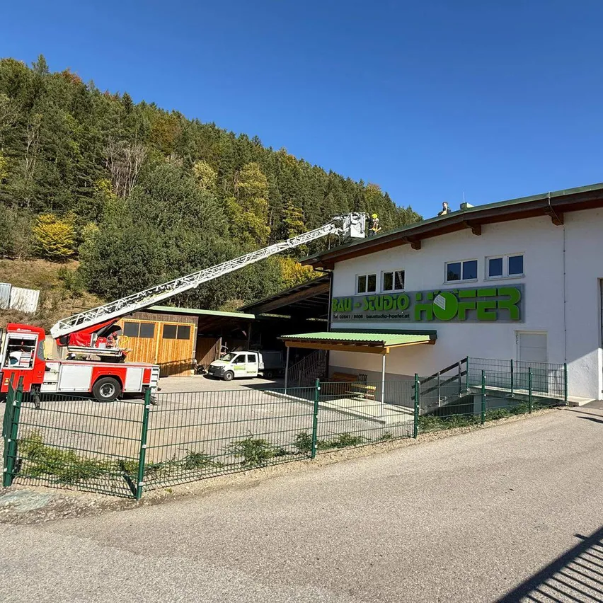 Ein Feuerwehrhaus mit einem Feuerwehrwagen und einer Leiter auf dem Dach.