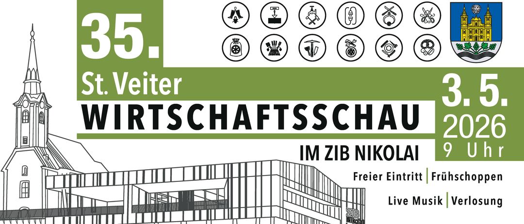 Eine Werbung für Handwerkskunst mit Symbolen und einem Bild eines Gebäudes mit der Aufschrift 'IM ZIB NIK' und 'Freier'.
