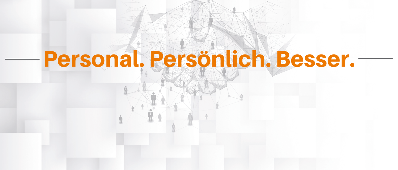 Ein weißer und grauer gemusterter Hintergrund mit mehreren menschlichen Figuren, die in einem Netzwerkmuster miteinander verbunden sind. Der Text lautet 'sonal. Persönlich. Besonal'.