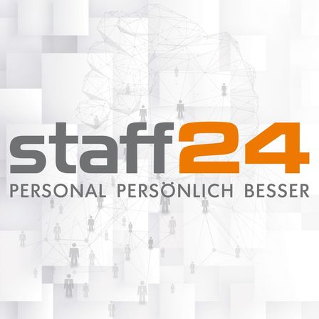 Staff 24 Logo auf grauem Hintergrund. Das Logo besteht aus einer menschlichen Figur und Netzwerklinien, mit dem Text 'Personal Personlich Besser' darunter.