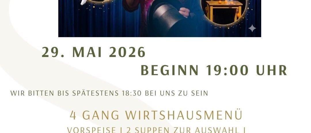 Veranstaltungsplakat für 'Variete a la Carte' am 29. Mai 2026. Beginn um 19:00 Uhr. Gäste werden gebeten, bis 18:30 Uhr anwesend zu sein. Das Menü umfasst 4 Gänge, Suppen, Hauptgerichte und Dessert, optional vegetarisch. Preis 79,90 Euro.