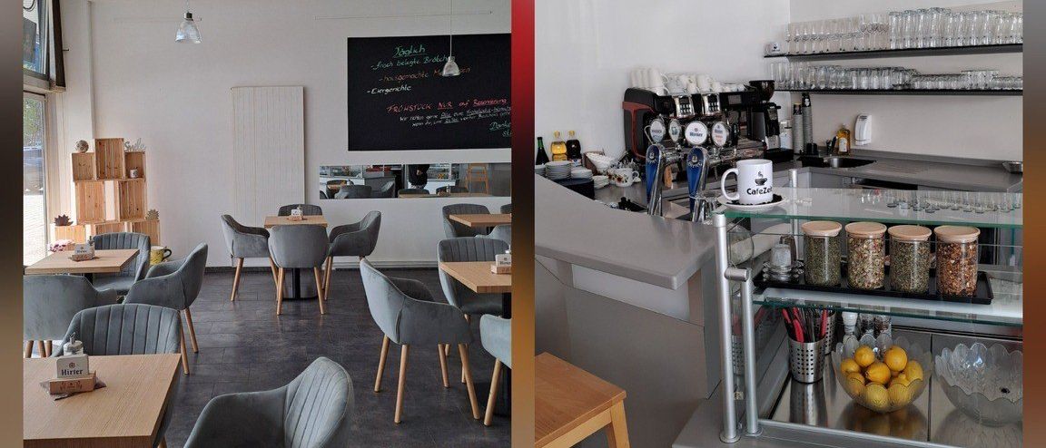 Ein Collage eines Café-Außenbereichs, mit einer Micky-Maus-Statue, einer Kaffeetasse, Tischen, Stühlen und einem Schild für Café Zeit.