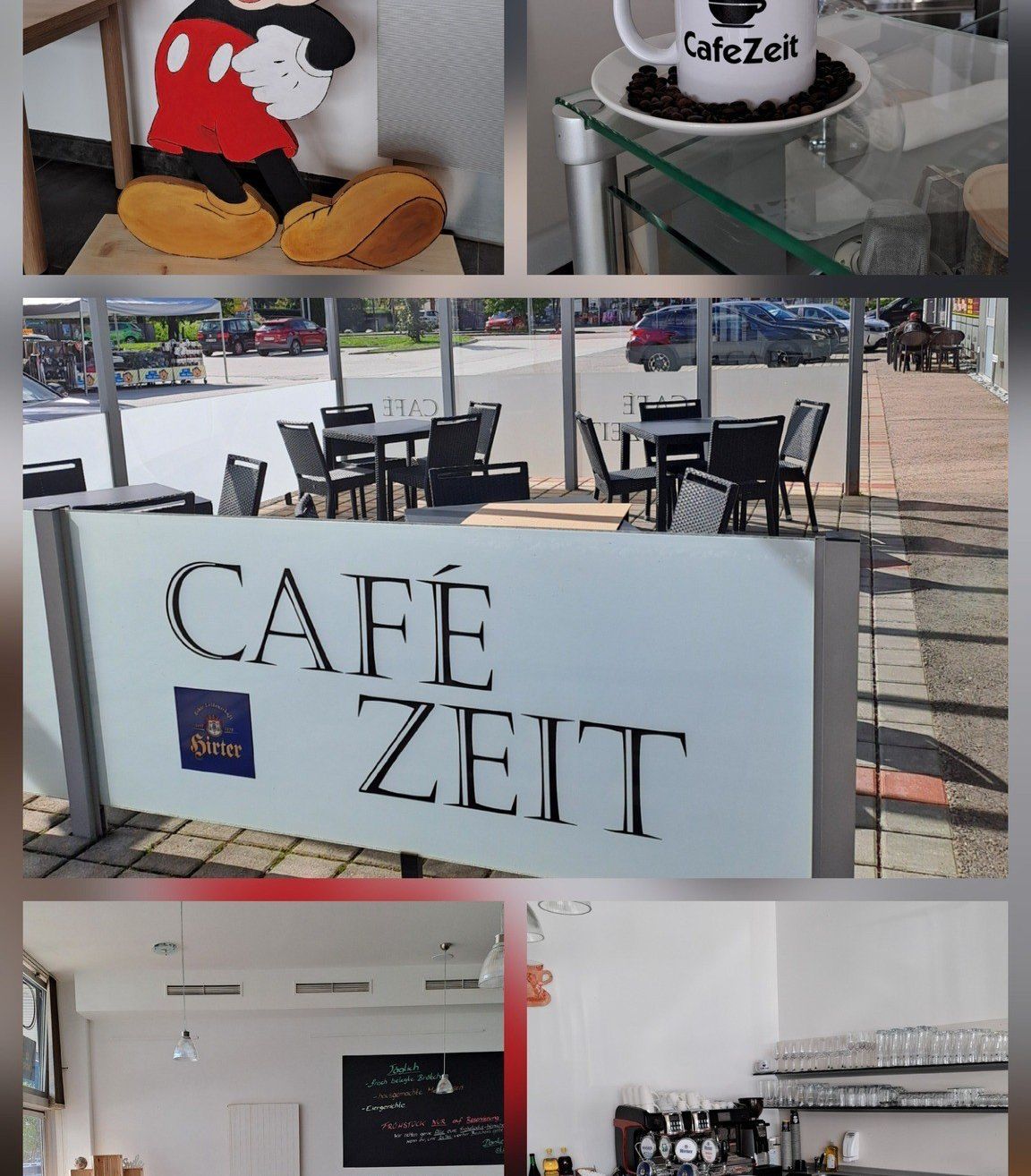Eine Collage von Bildern eines Cafés. Das oberste Bild zeigt eine hölzerne Micky-Maus-Figur. Das mittlere Bild zeigt das Äußere eines Cafés mit Tischen und Stühlen. Das untere Bild ist ein Schild für Cafe Zeit.