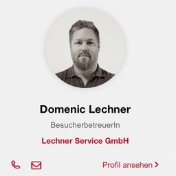 Ein Profilbild von Domenic Lechner, einem Besuchervertreter von Lechner Service GmbH. Es gibt Symbole zum Anrufen, E-Mail und zum Ansehen des Profils.