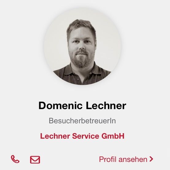 Ein Profilbild von Domenic Lechner, einem Besuchervertreter von Lechner Service GmbH. Es gibt Symbole zum Anrufen, E-Mail und zum Ansehen des Profils.