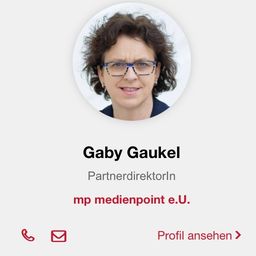 Gaby Gaukel, Partnerdirektorin, mp medienpoint e.U., mit Symbolen für Telefon, E-Mail und Profil ansehen.