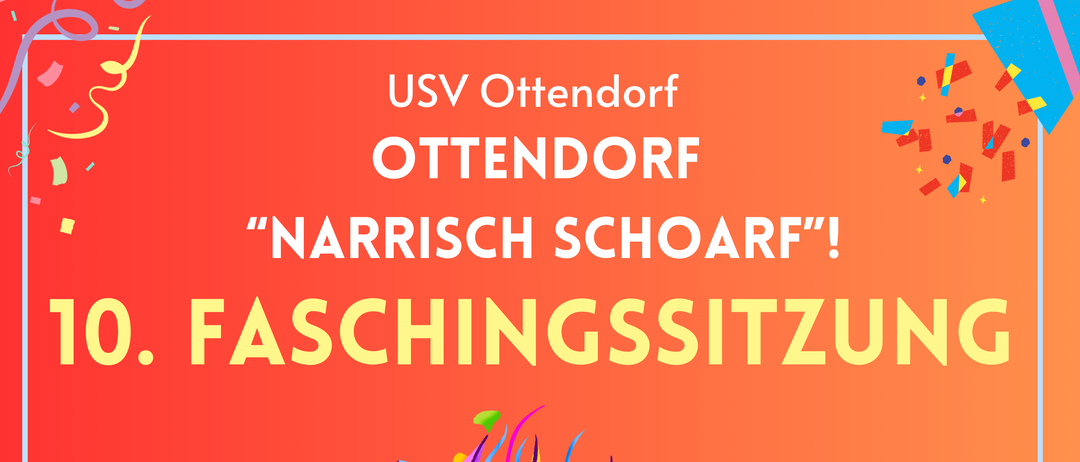 Plakat für die 10. Faschingssitzung, mit einer farbenfrohen Maske, Datum 7. Februar 2026, Einlass 18:00, Beginn 19:00. Beinhaltet 8 Karten, reservierten Tisch, 11 Wein und 21 Wasser. 'First come, first served'.
