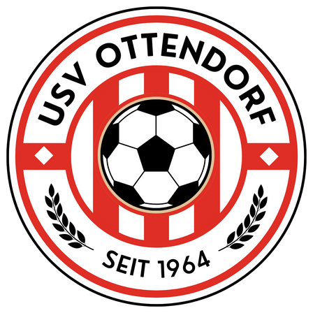 Das Logo von USV Ottendorf zeigt einen Fußball in der Mitte, umgeben von einem roten Kreis mit weißen Streifen und Lorbeerblättern. Der Text lautet 'USV OTTENDORF' und 'SEIT 1964'.