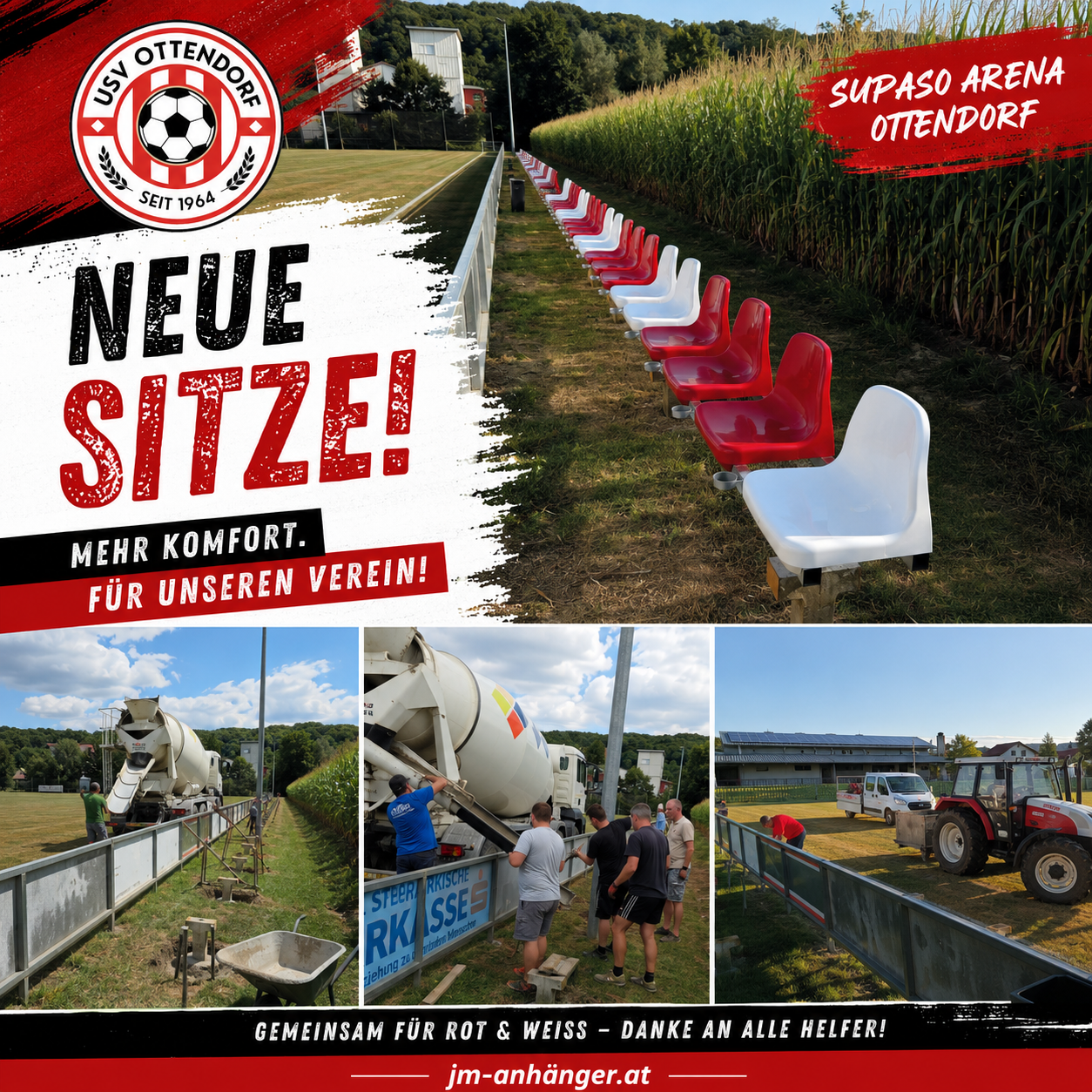 A promotional poster for the USV Ottendorf soccer club featuring new seats, a cement mixer, and workers installing chairs. The poster highlights the club's new comfort and thanks all helpers.