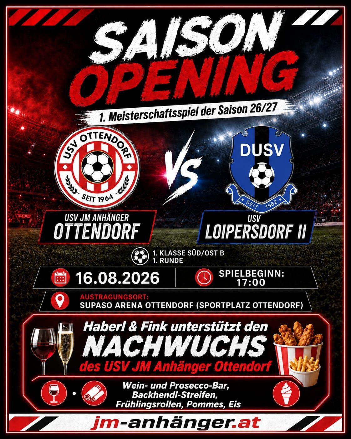 Poster for the season opening soccer match between USV Ottendorf and DUSV Loipersdorf II on August 16, 2026, at 17:00. The match is the first round of the 1. Klasse Sud/Ost B league.